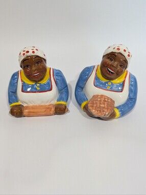 Vintage Aunt Jemima Ceramic Kitchen Salt & Pepper Shakers — Blue, White, Yellow